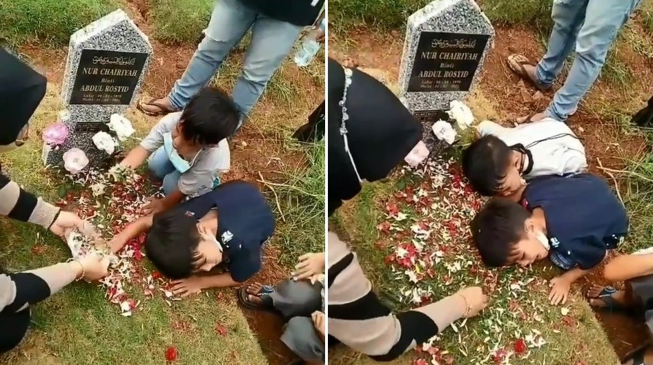 ▲▼印尼兩名5歲男童耳朵貼著墳墓問候已故母親。（圖／翻攝自instagram／makassar_iinfo）