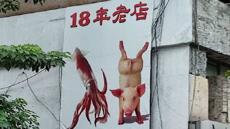 台北.廣告看版只有「魷魚＋倒立豬」！他笑翻：是賣什麼啦？ 在地人解答了