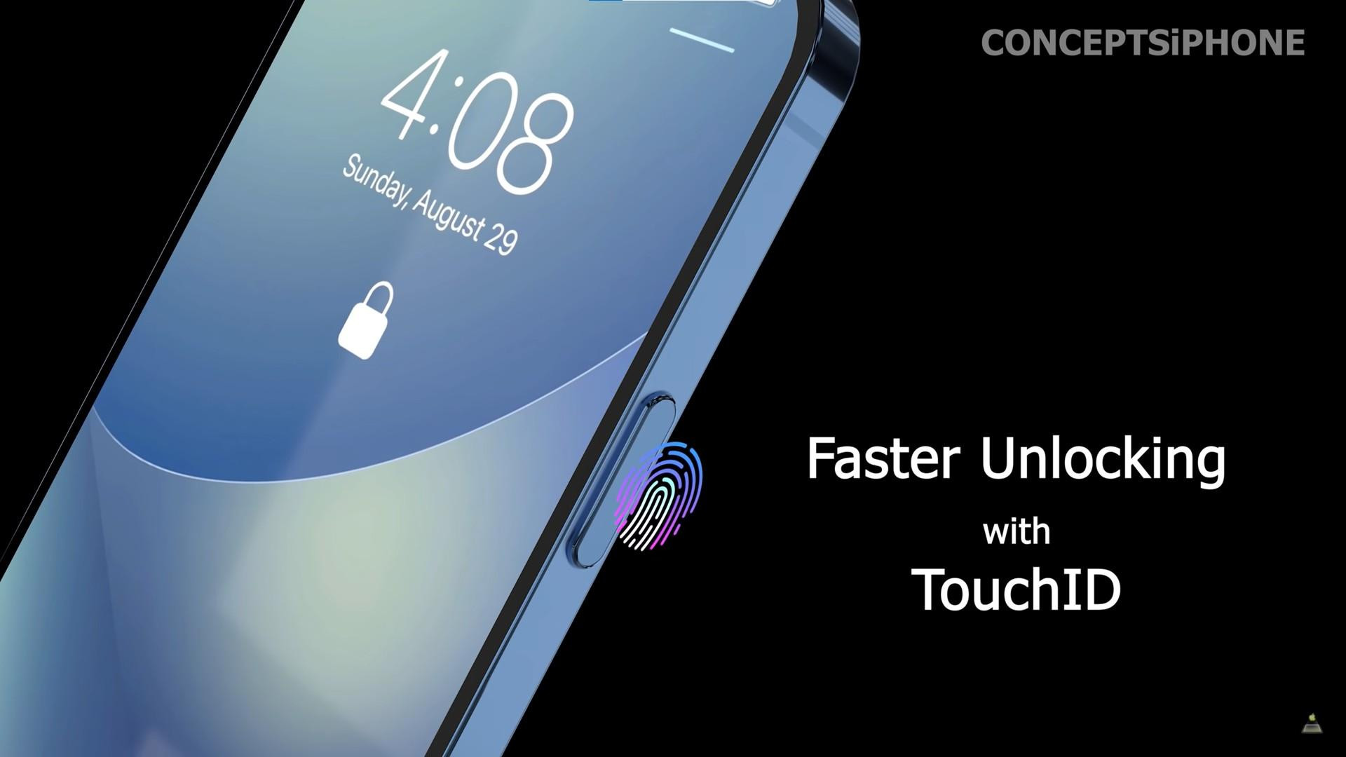 Touch ID回歸，可能會在螢幕上或是邊框出現。（圖／翻攝自ConceptsiPhone YouTube） iPhone 14超美「雲朵藍」來了！指紋解鎖強勢回歸